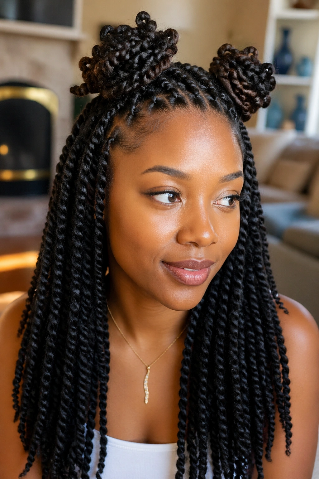 Real person with Marley twist Bantu knot hybrids at crown