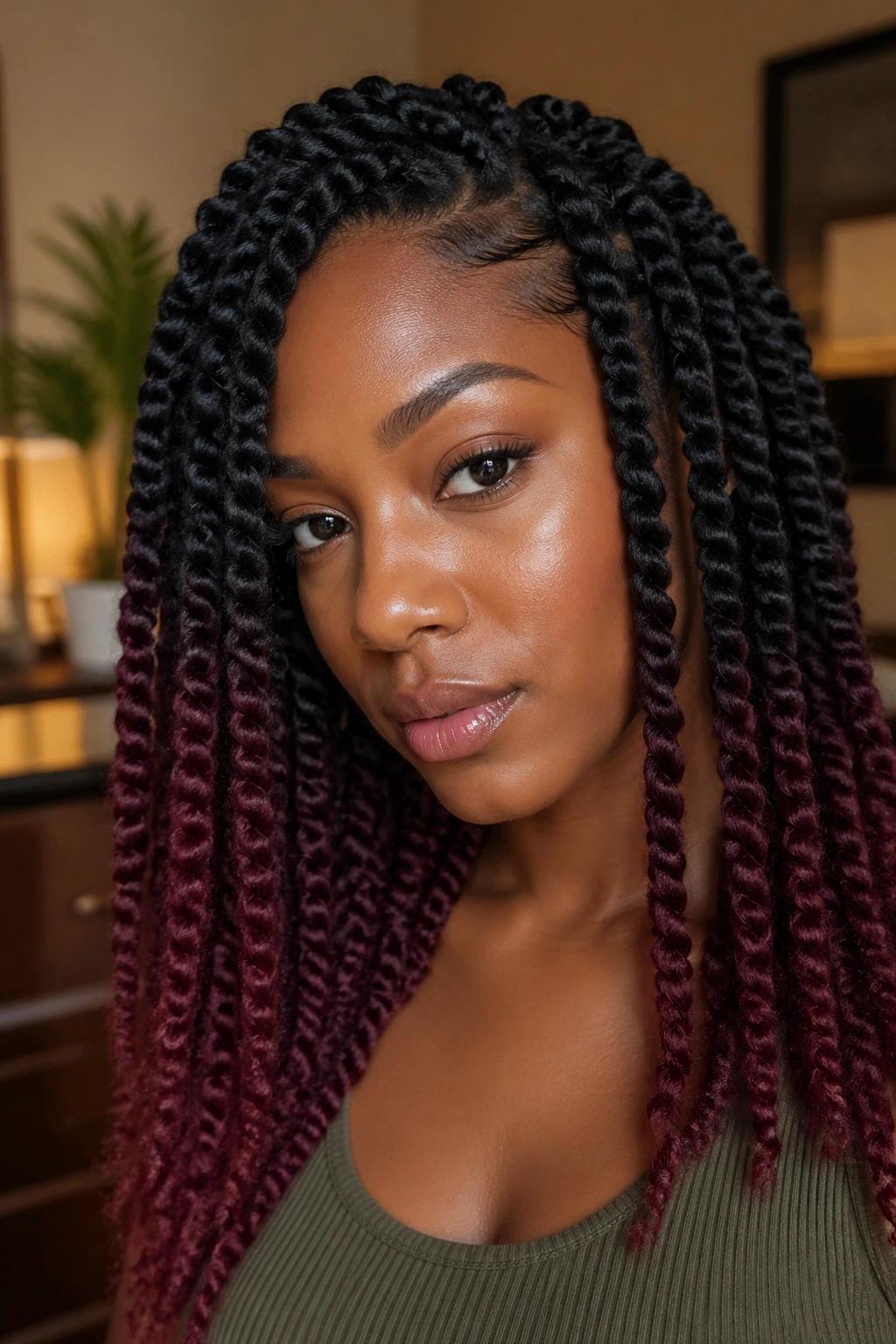 Real person with Marley twists showing color variation from dark roots to burgundy ends