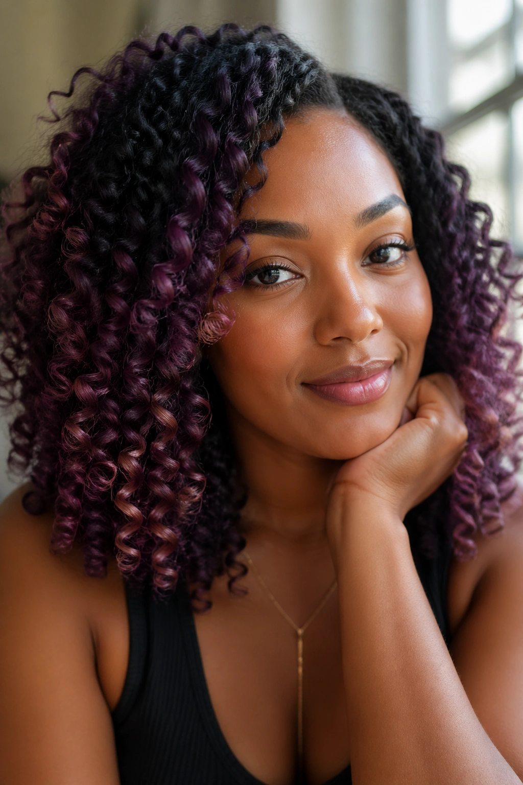 Portrait of warm-toned brown-skinned person with mauve purple balayage