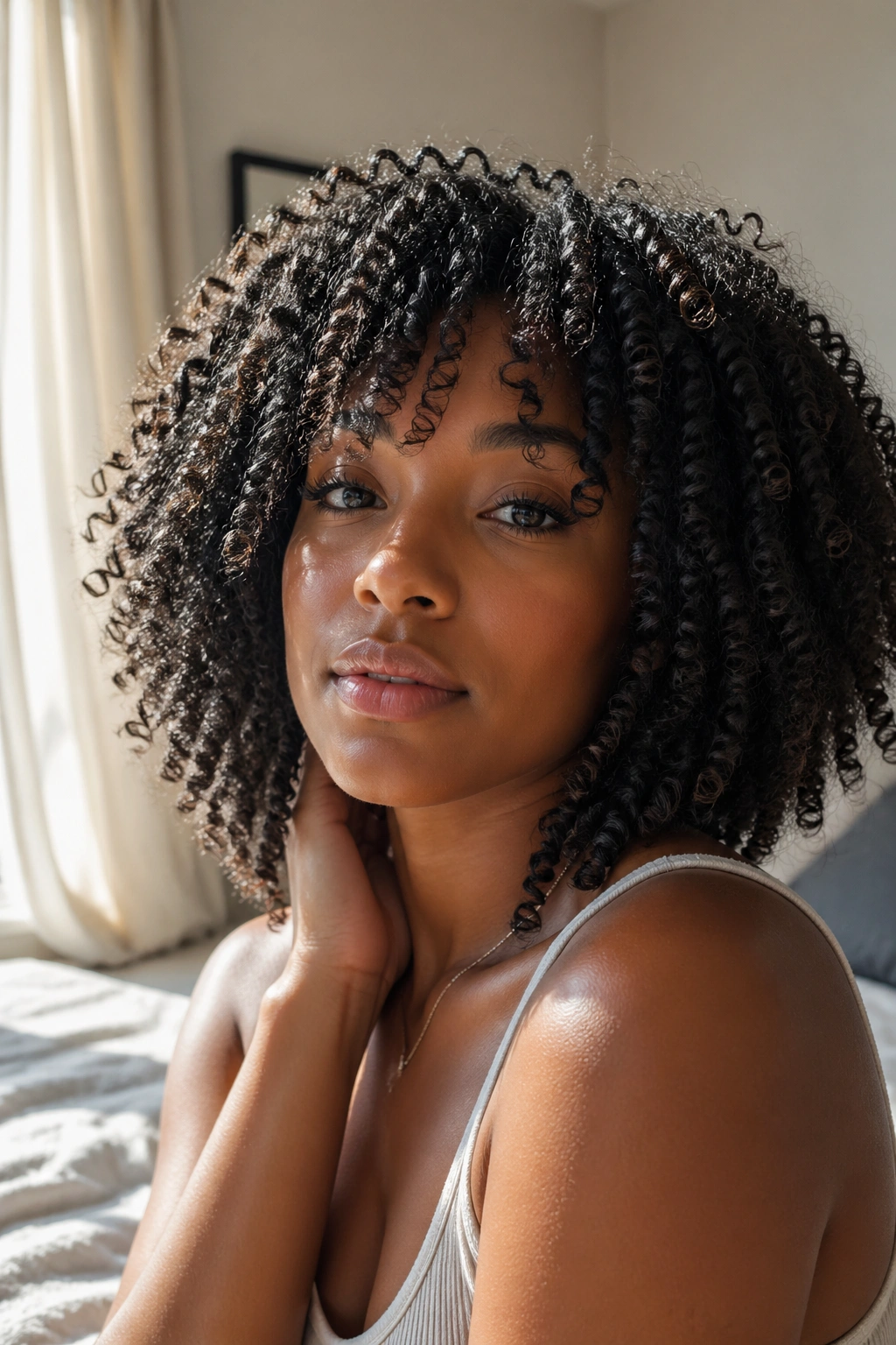 Close-up of a woman with shoulder-length curly hair showing hydrated, defined curls.