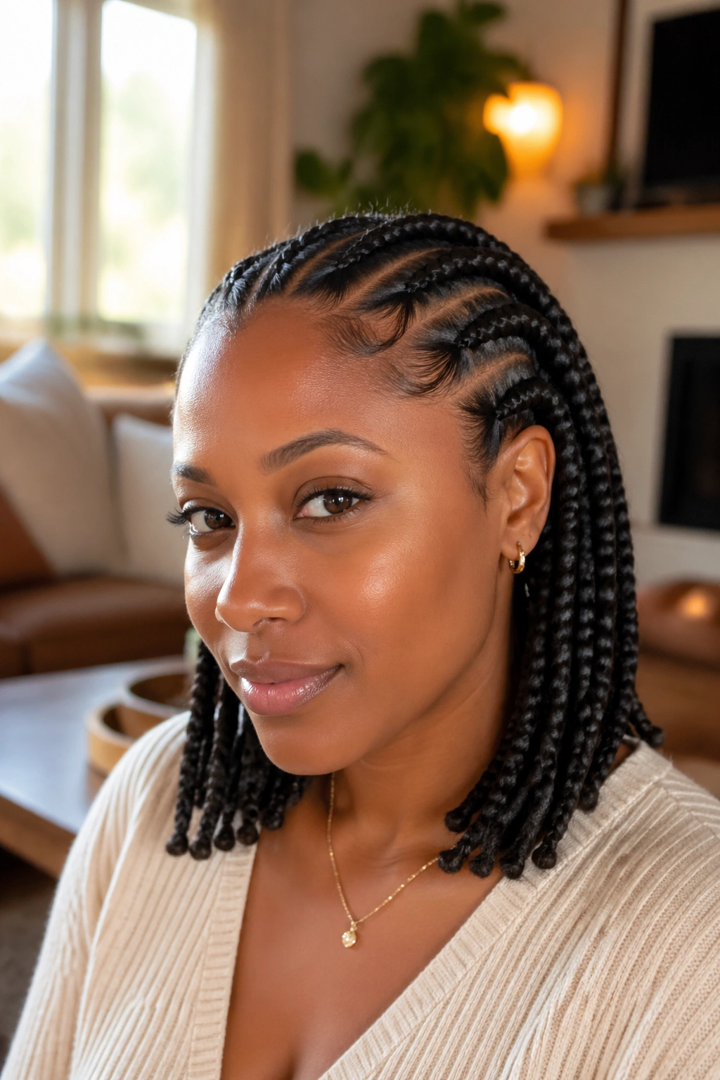 Close-up of a real woman with shoulder-length hair featuring medium-sized thumb-width cornrows.