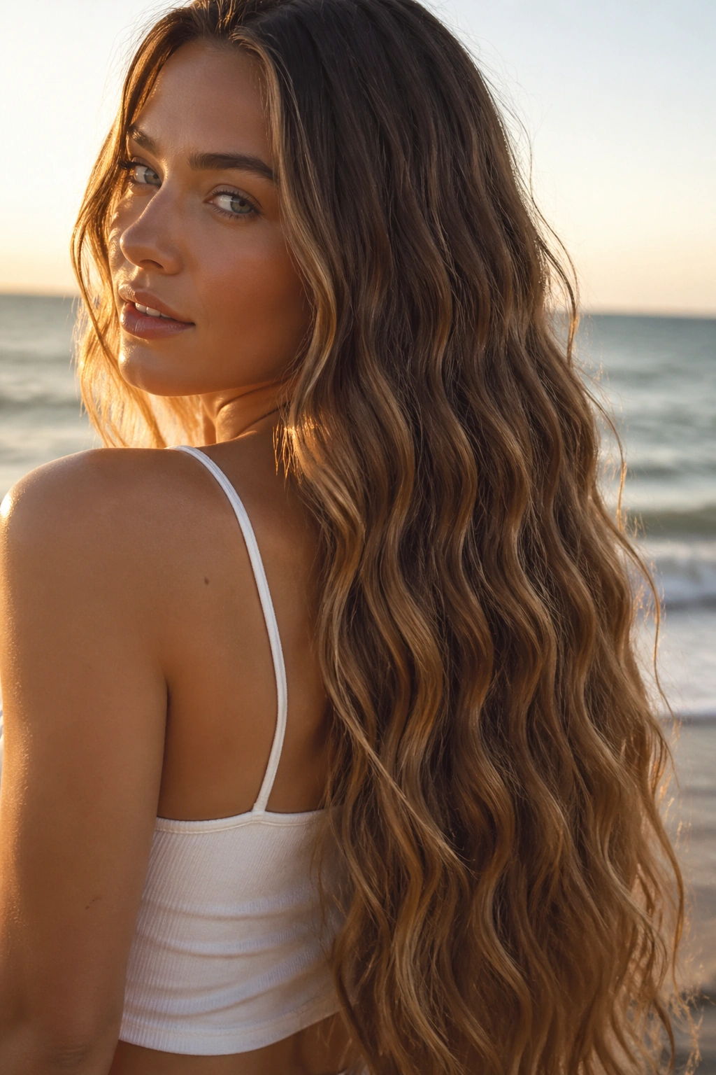 Real woman with waist-length mermaid waves in golden-hour light