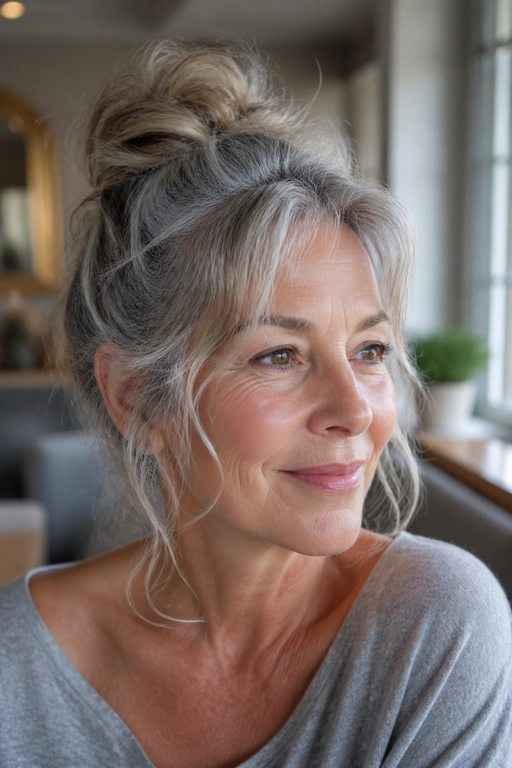 Close-up of a real woman in a messy bun with wispy tendrils