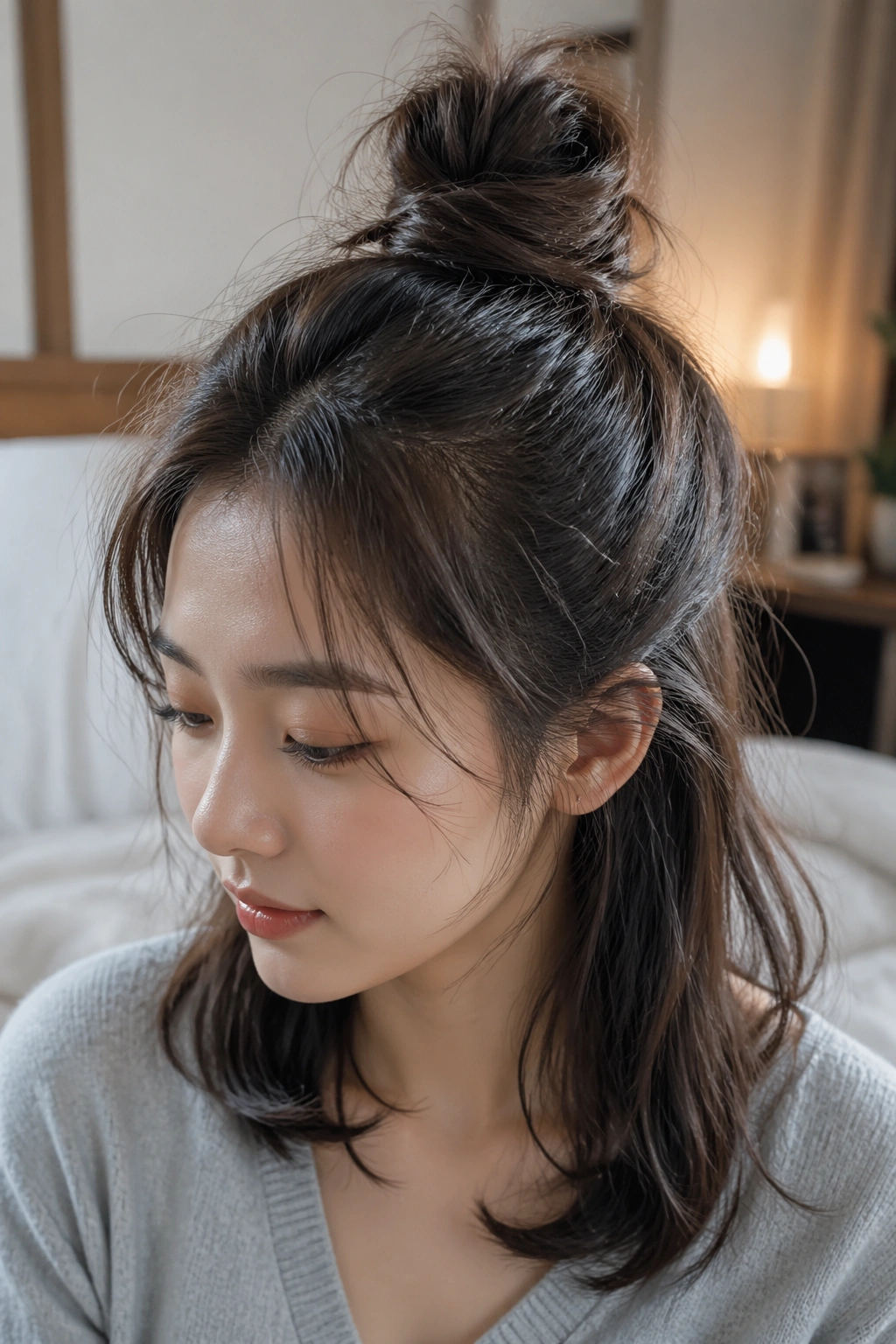 Close-up of a real woman with a messy top knot half ponytail
