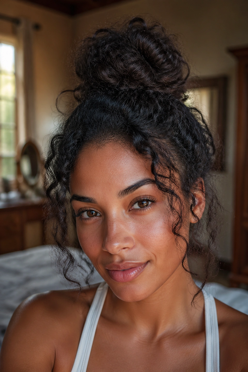 Close-up of a real woman with a messy top knot bun in natural light