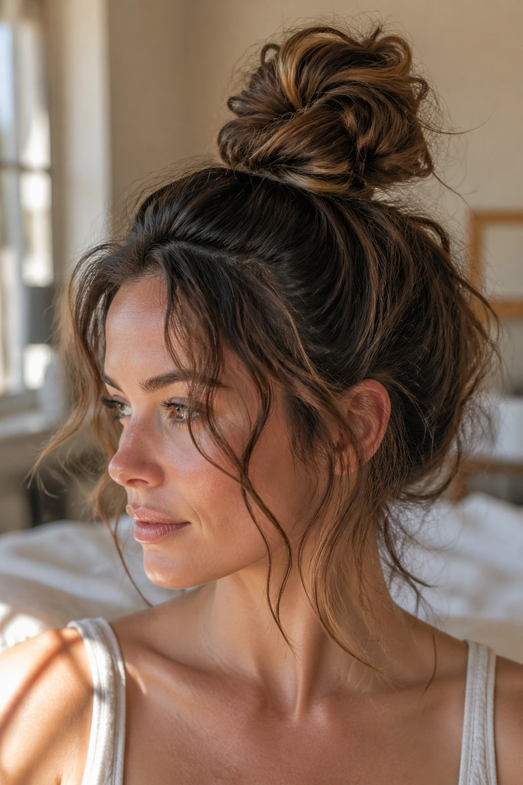 Close-up of a real woman's messy top knot with tendrils around the face