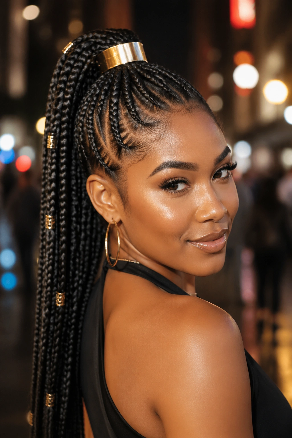 High ponytail with metallic cuffs along the length on a real woman.