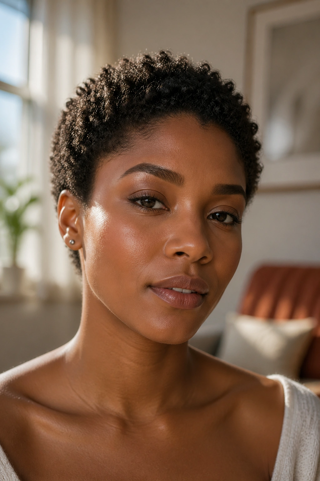 Close-up of a real woman with a micro Afro, highlighting facial features