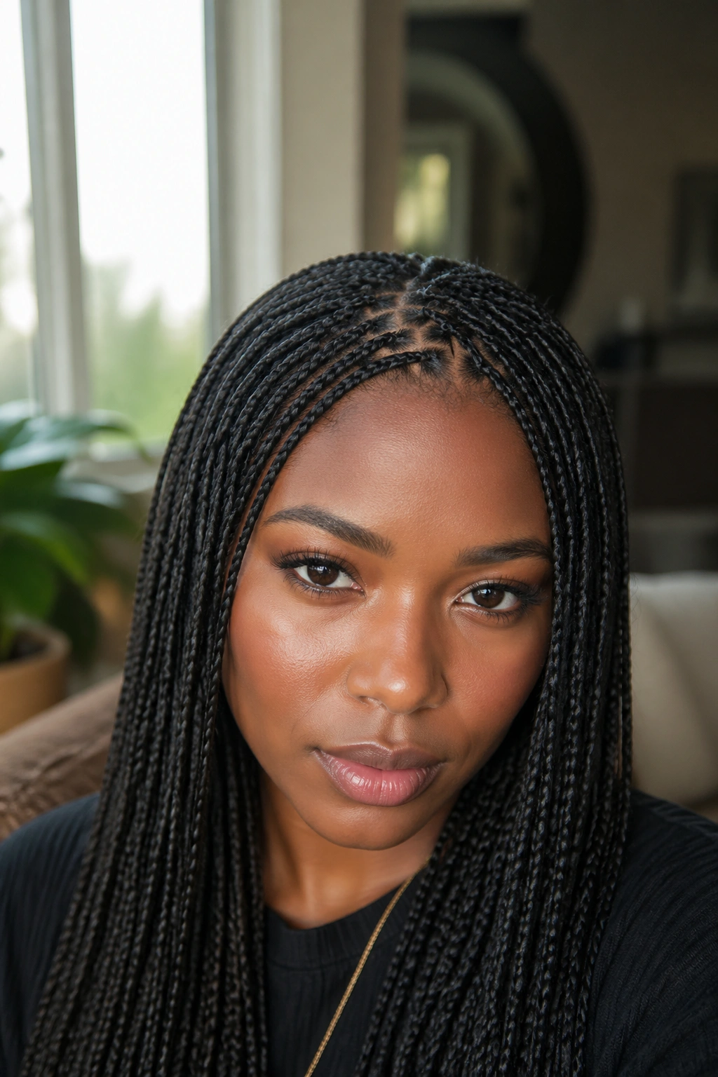 Close-up of a real woman with micro braids on Afro hair