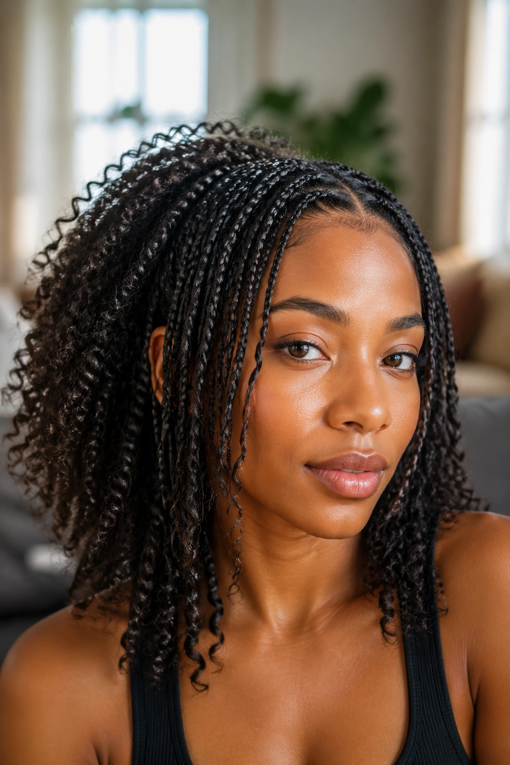 Front micro braids blending into back natural curls on a real person.