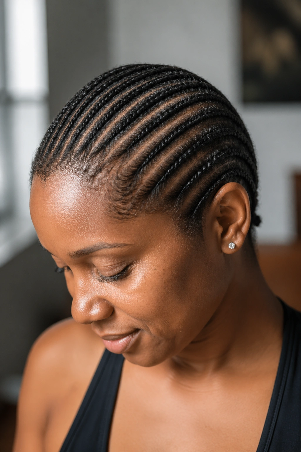 Close-up of short natural hair with micro cornrows across the scalp