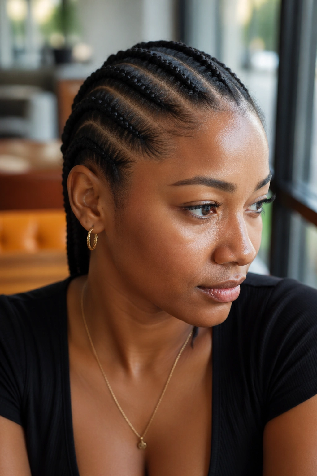 Close-up of five micro straight-back cornrows on a real woman under cafe window light