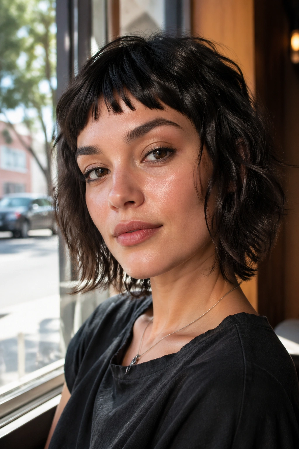 Portrait of a real person with micro shag and wispy baby bangs in sunlit cafe setting