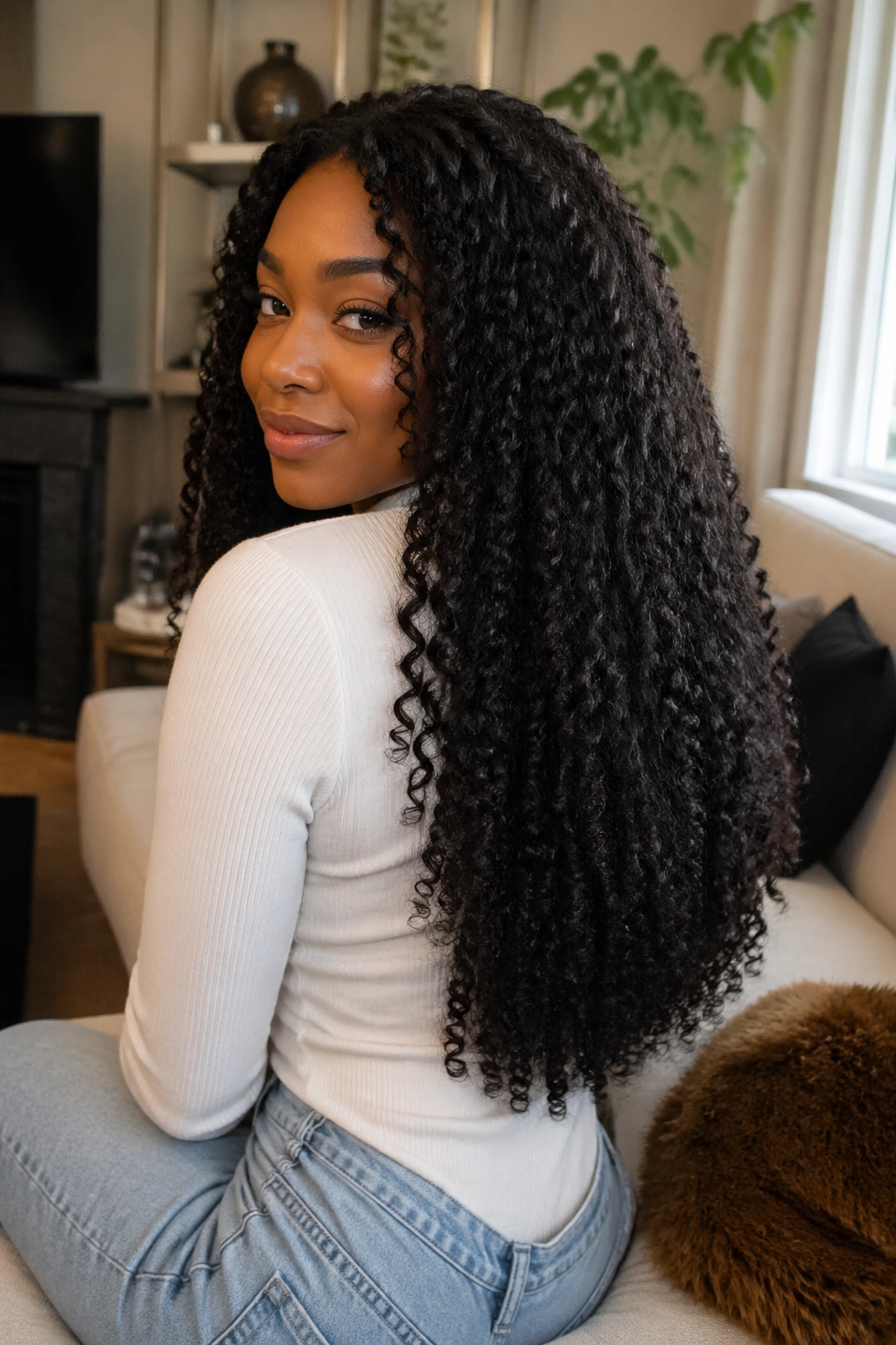 Real person wearing a mid-back length curly afro wig with hair draping over shoulders.