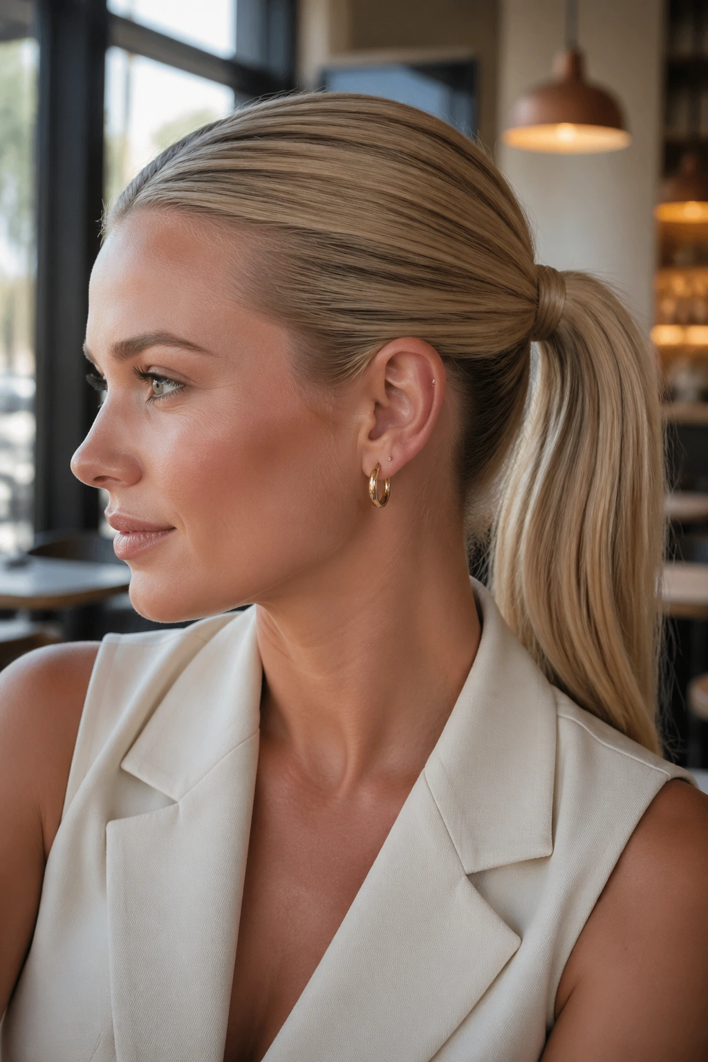 Close-up portrait of a real woman with a mid-height polished ponytail