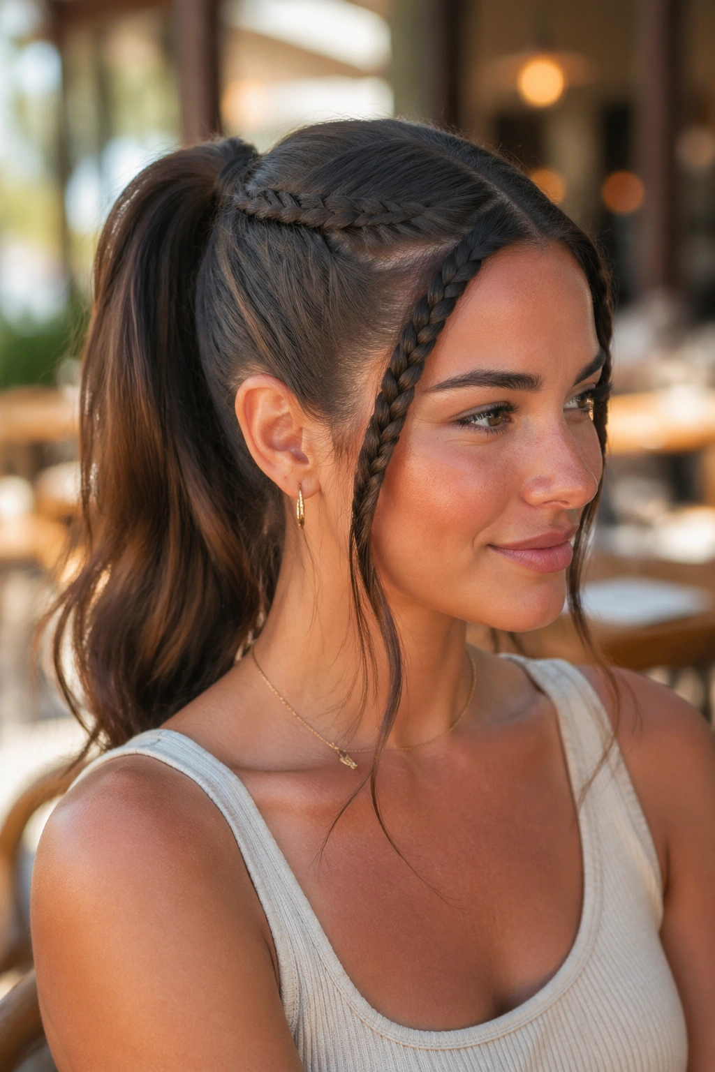 Close-up of a real woman wearing a mid-height double weave ponytail with woven front sections