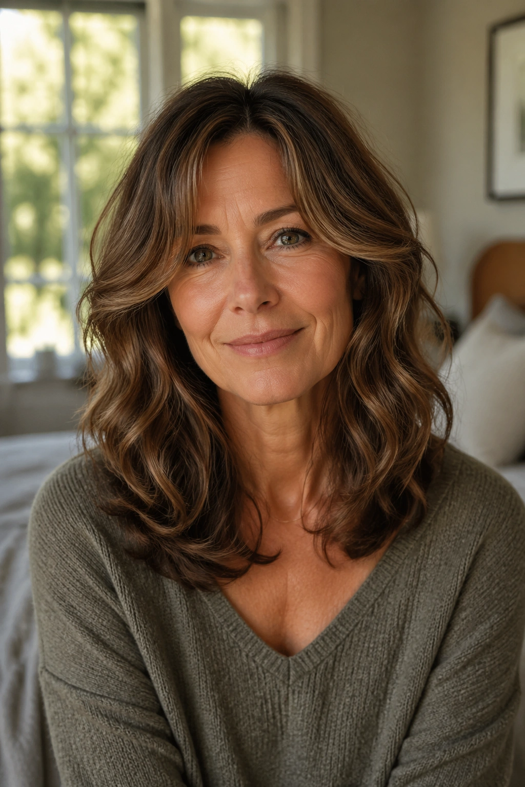 Close-up of a real woman with a mid-length U-shaped wavy cut and soft cascade