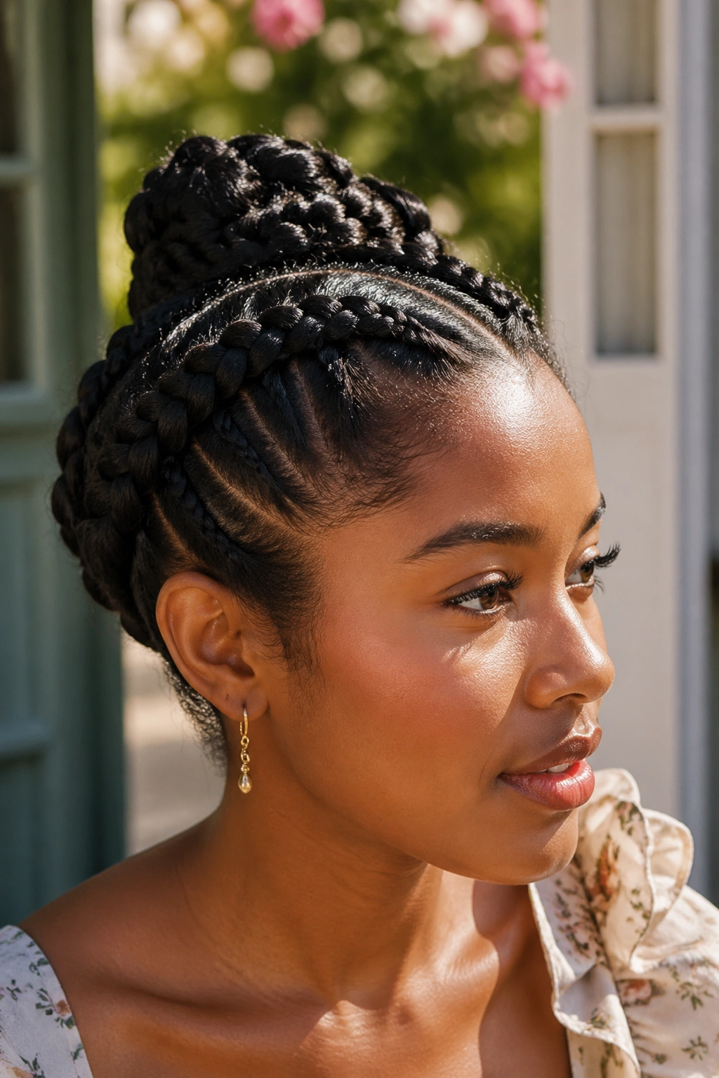 Close-up portrait of a real woman with soft milkmaid cornrows crossing at the crown.