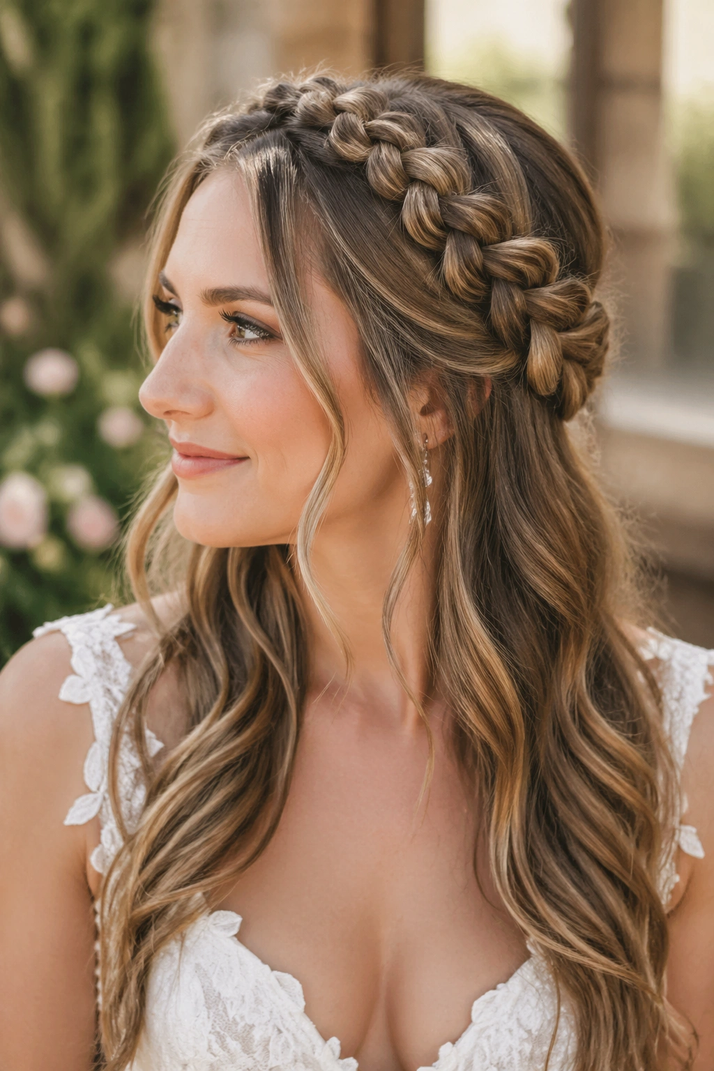 Close-up of real bride with boho milkmaid half-up braids