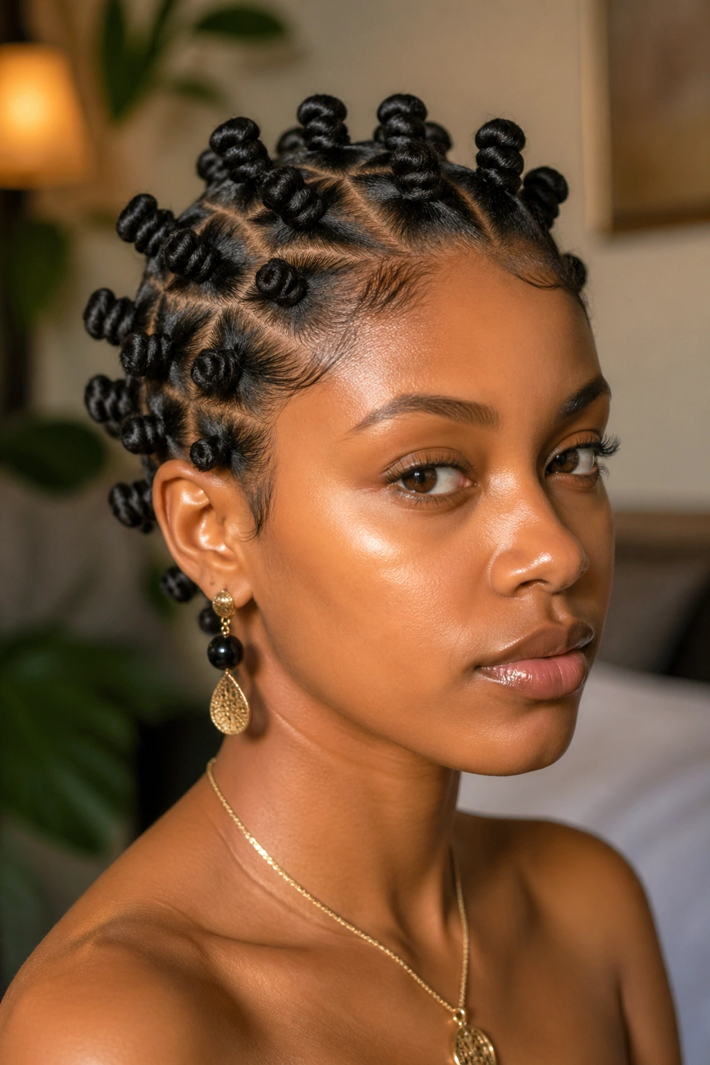 Close-up of a woman with mini Bantu knots on medium curls
