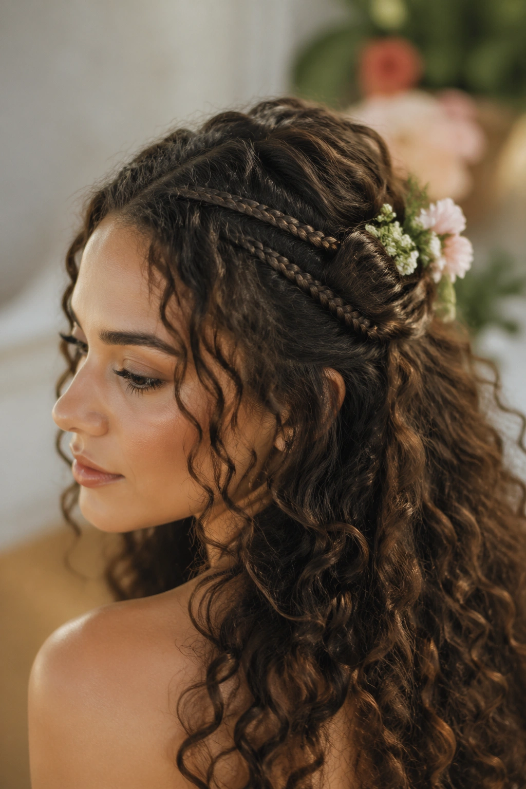 Close-up of real woman with mini accent braids and tiny fresh flowers in hair.