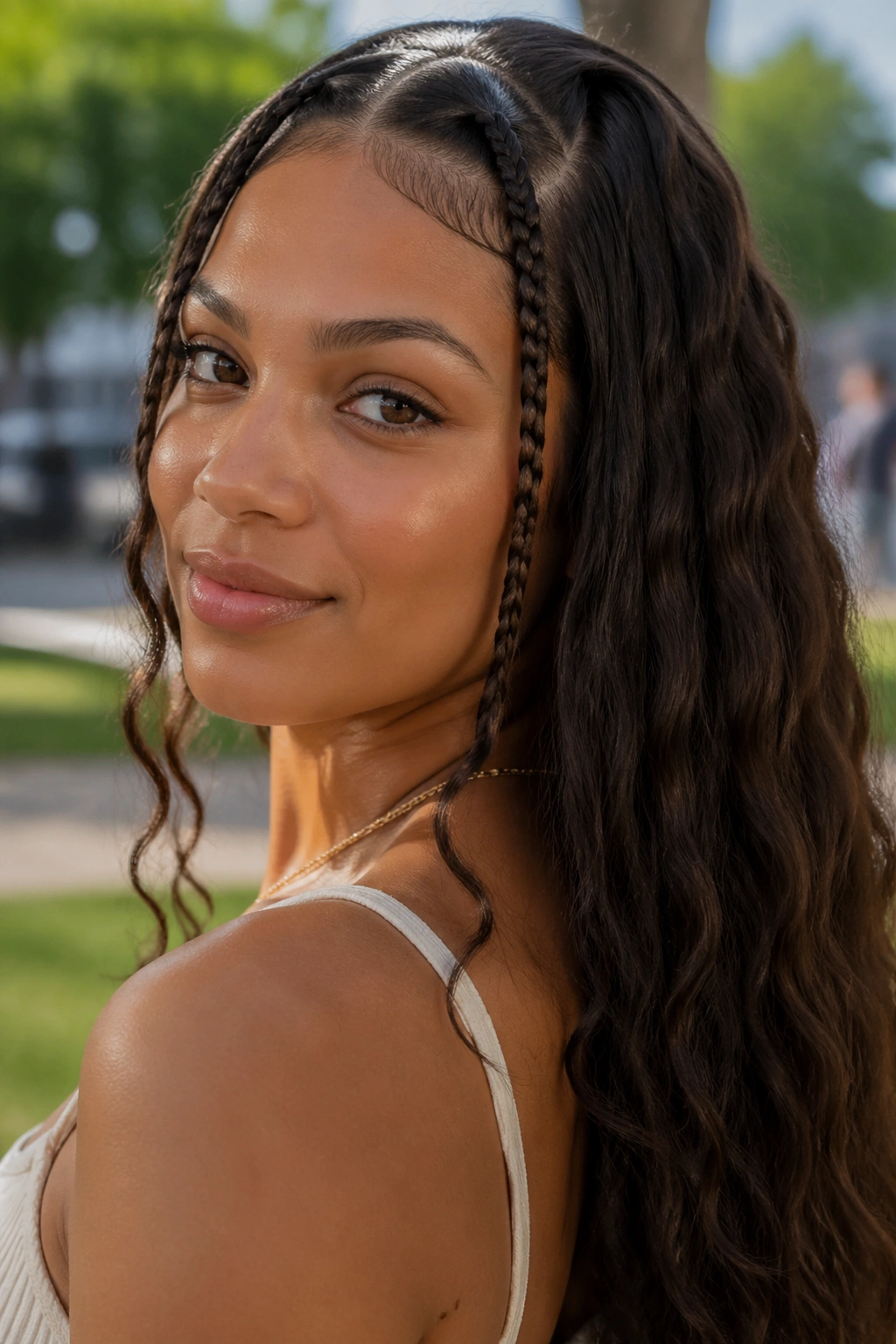 Real woman with two front mini braids and open waves