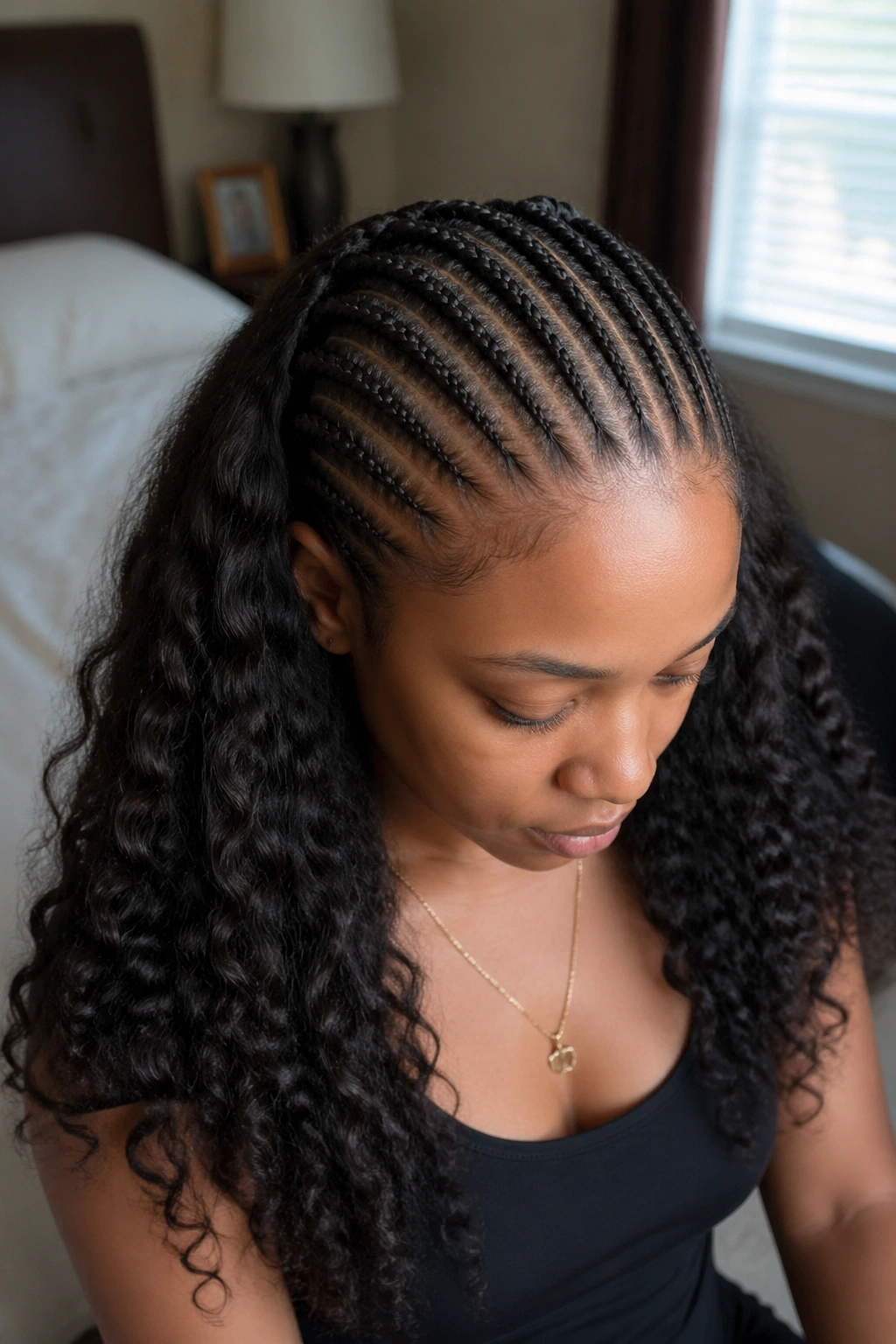 Close-up of real head showing mini cornrows with loose bottom hair