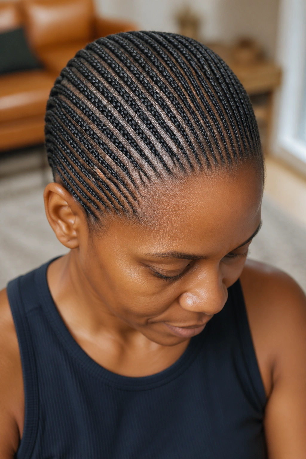 Close-up of a real person with all-over mini cornrows on the scalp