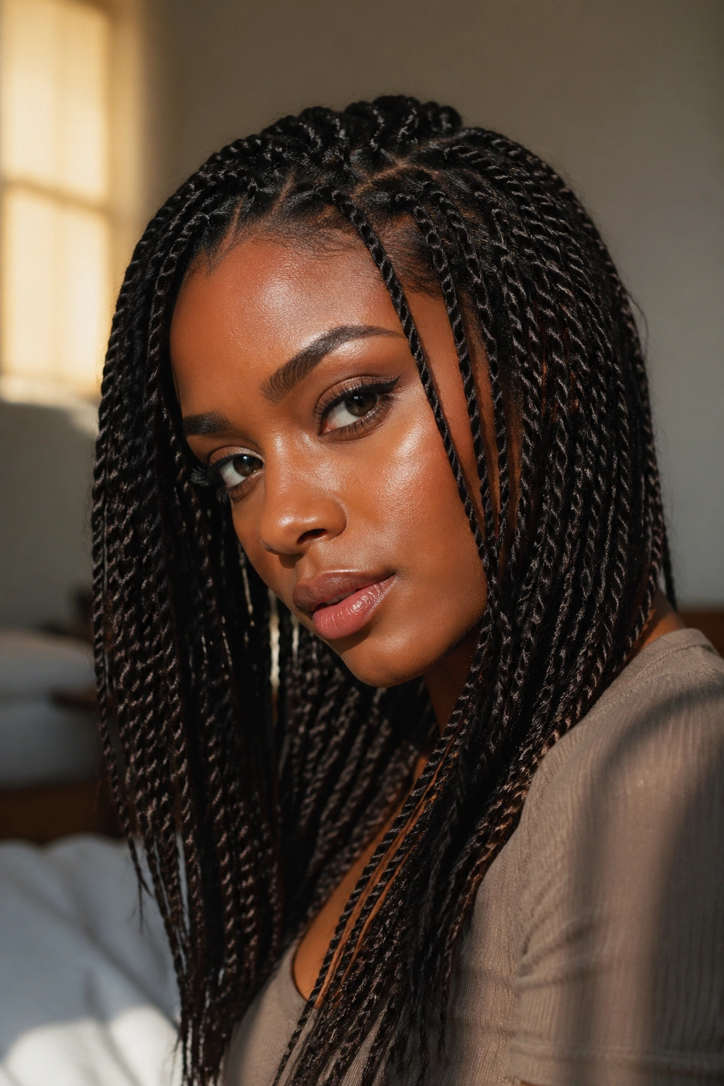 Close-up portrait of real woman with mini Marley twists filling the frame