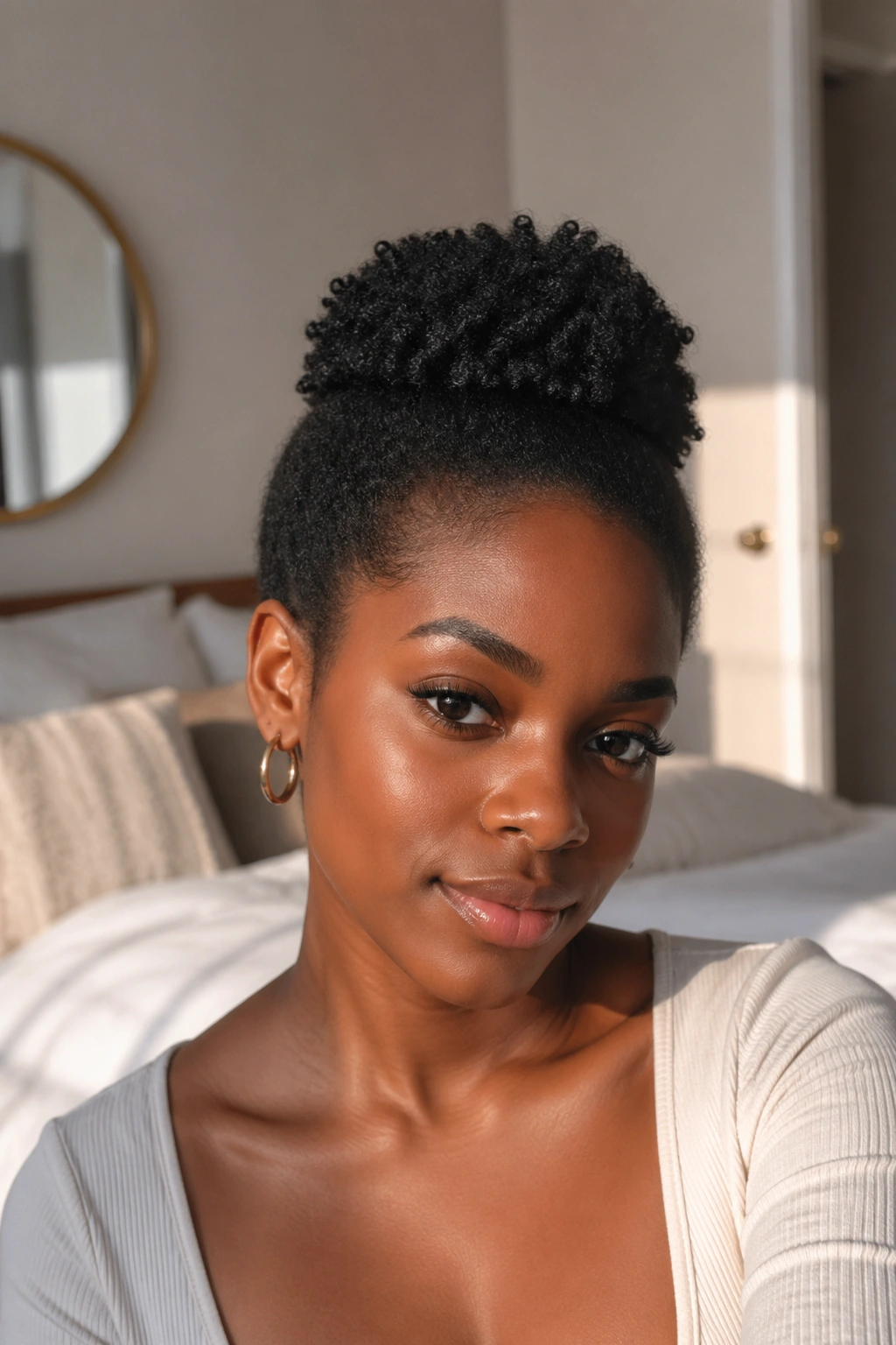 Close-up of a real woman with a tiny crown puff on short natural hair