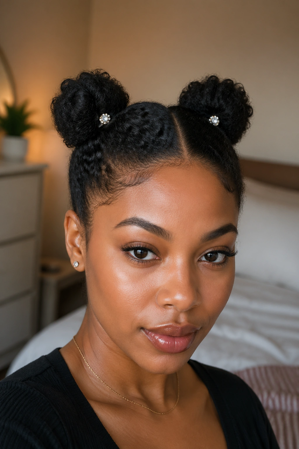Close-up portrait of a real woman with two mini space buns on short natural hair