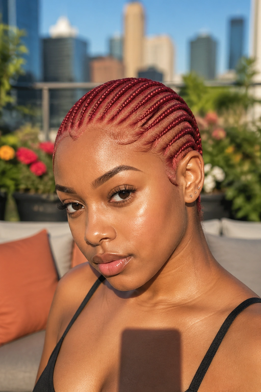 Close-up of twenty thin red stitch cornrows on a real woman's head, no beads