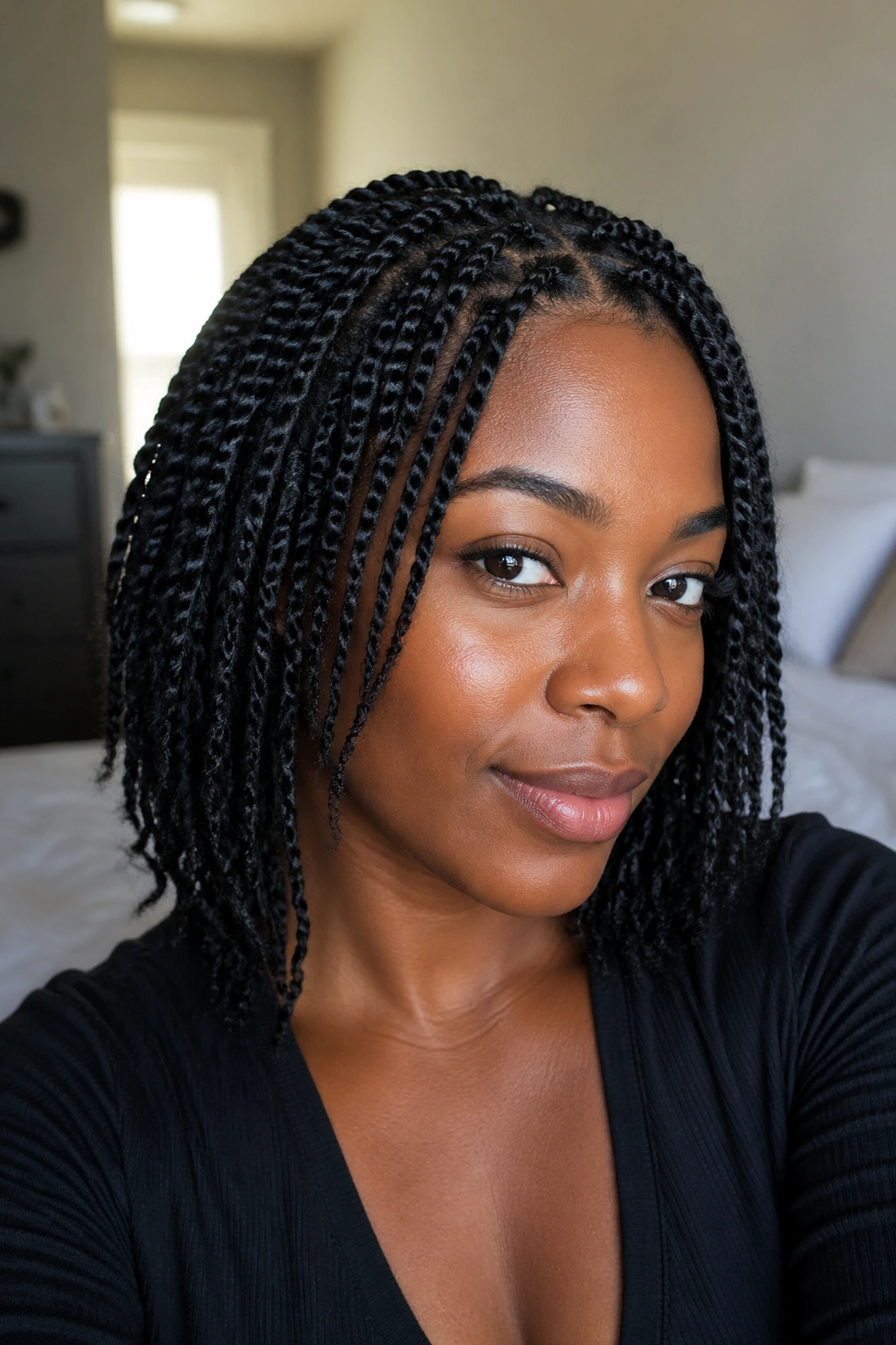 Close-up of real woman with mini twists on stretched hair under warm window light