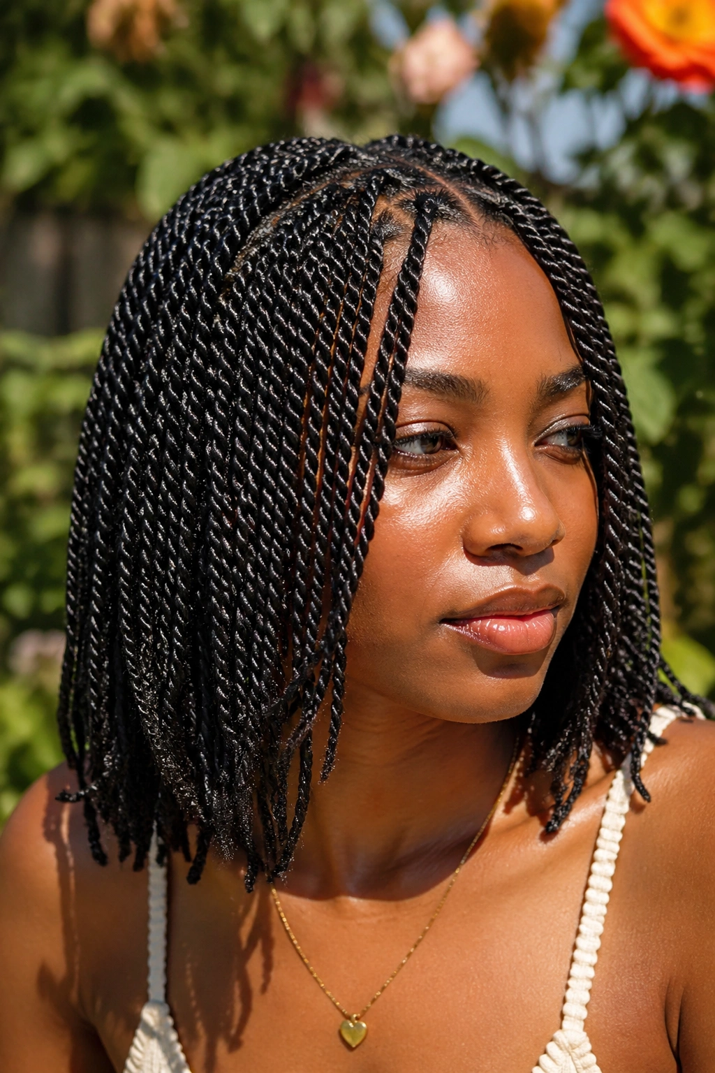 Close-up portrait of a real person with mini twists outdoors