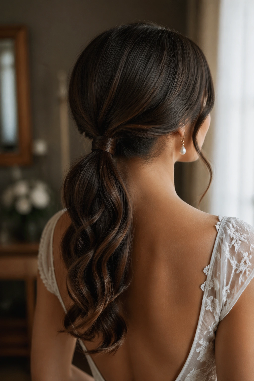 Close-up of real bride with Minimalist Low Wavy Ponytail hairstyle