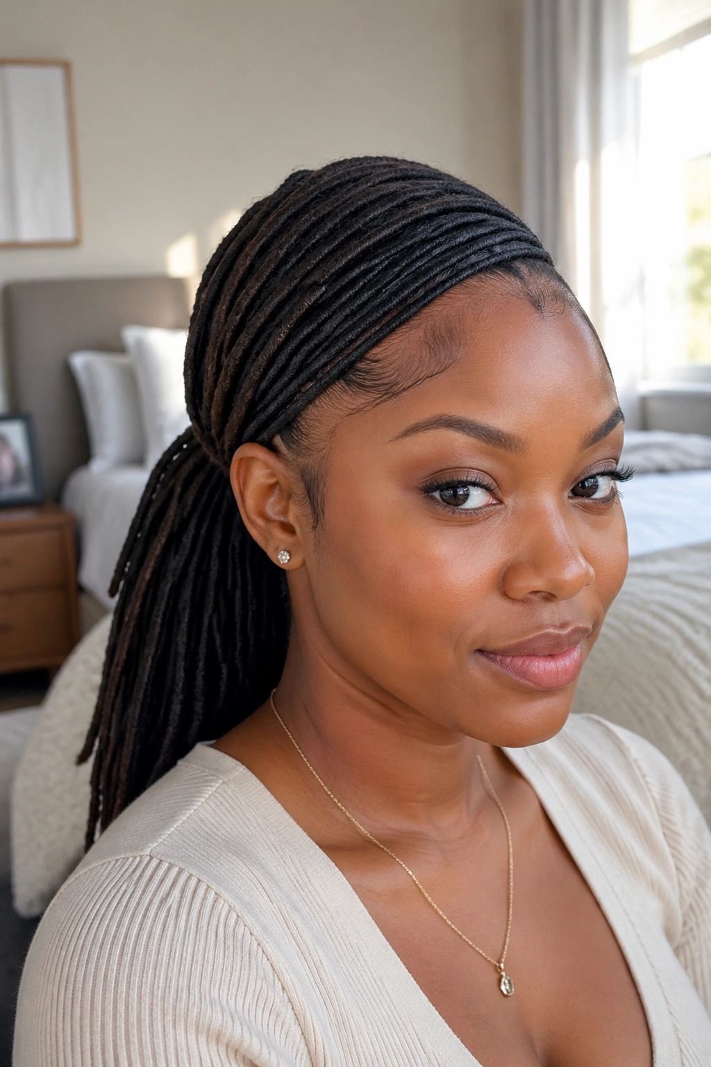 Close-up portrait of a real person with a minimalist side-swoop ponytail for locs in soft morning light