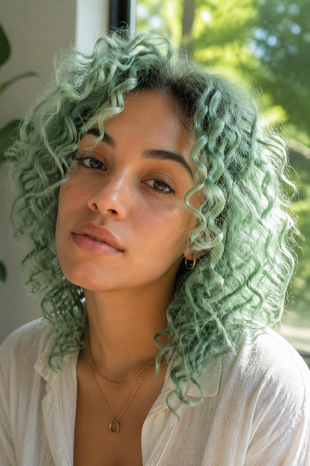 Close-up of a real woman's mint green ringlets in a sunlit room