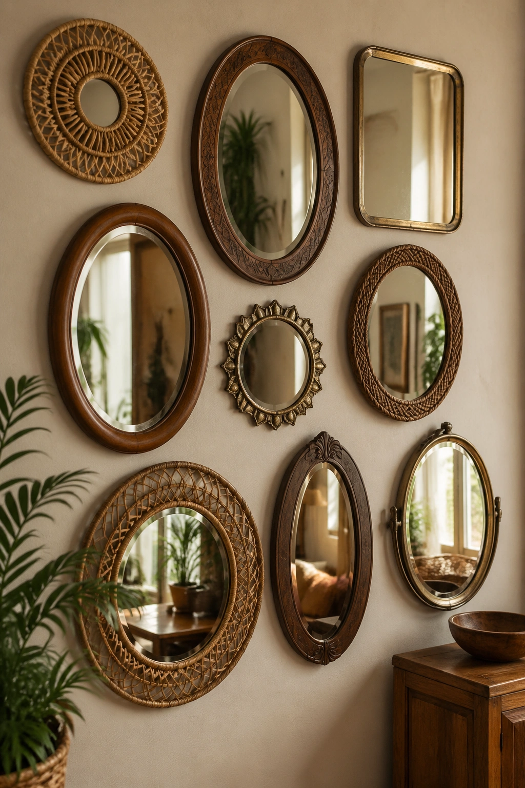 Wall of mismatched framed mirrors reflecting light