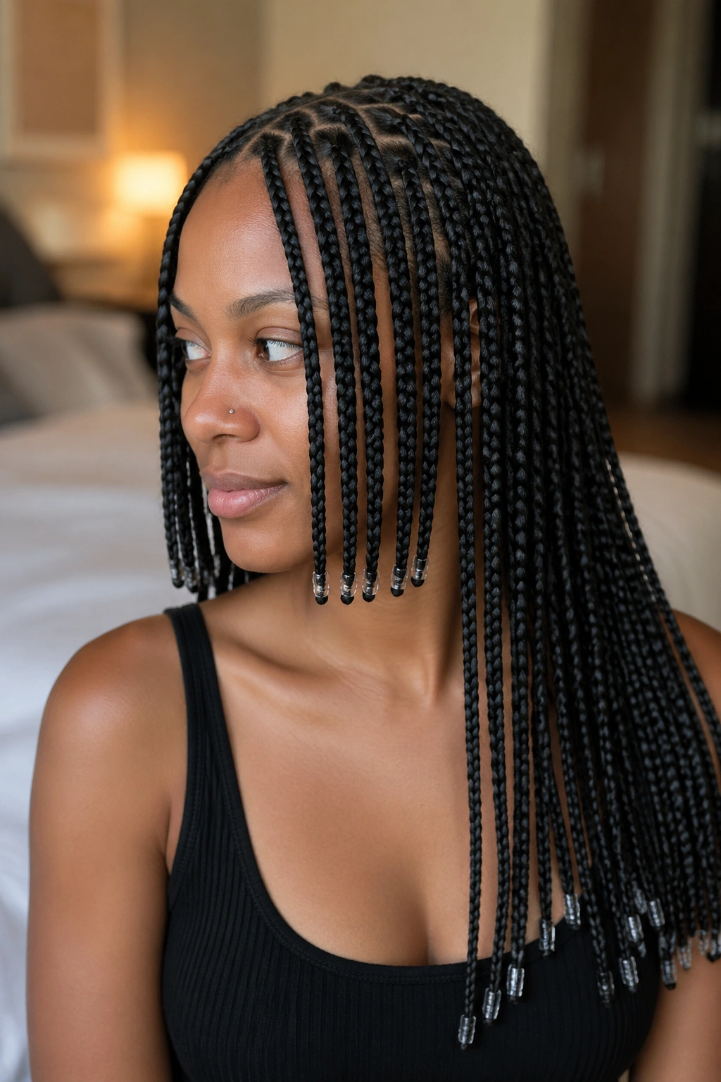 Real person with mixed-length small feed-in cornrows framing the face.