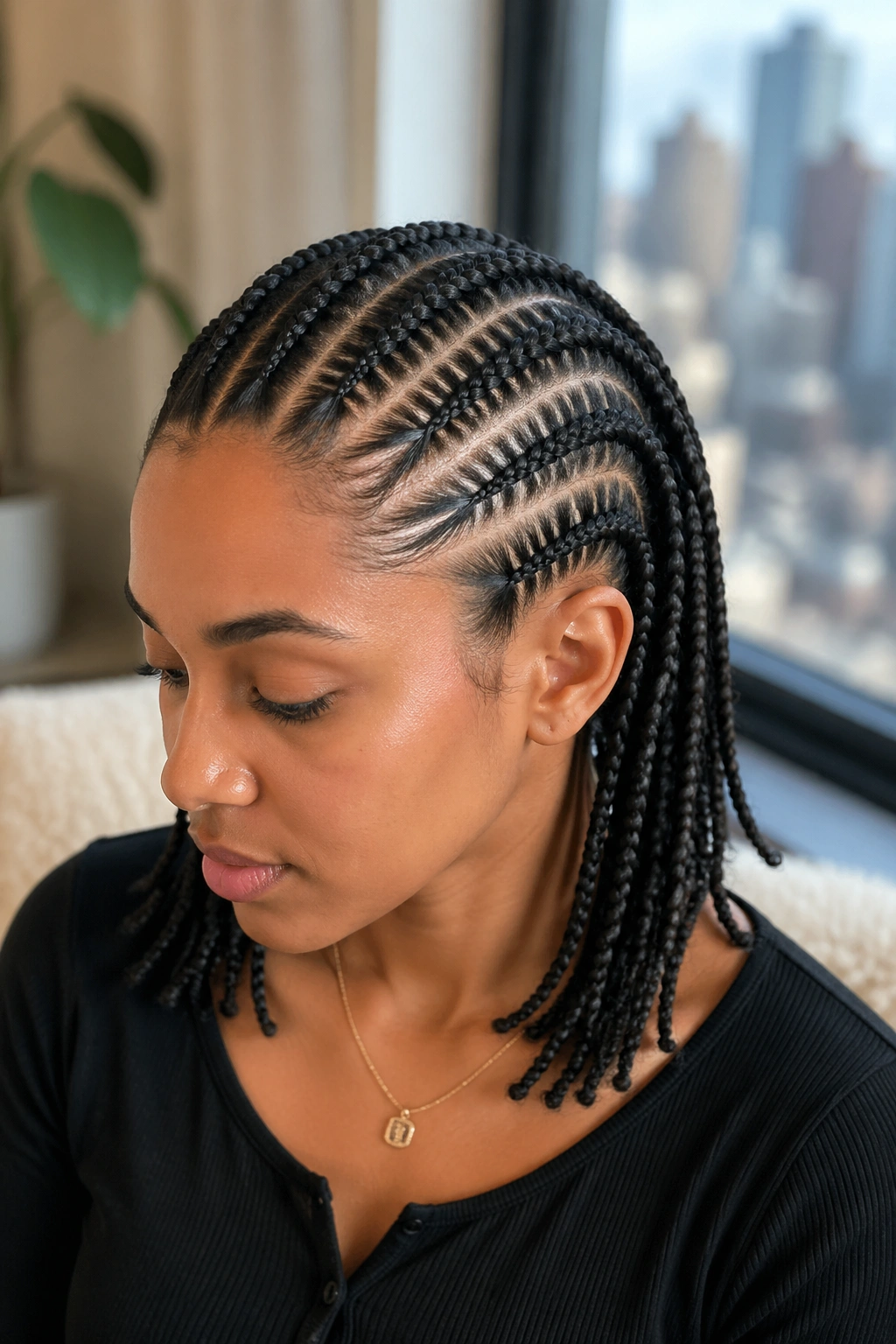 Eight cornrows of varied widths on a real person.