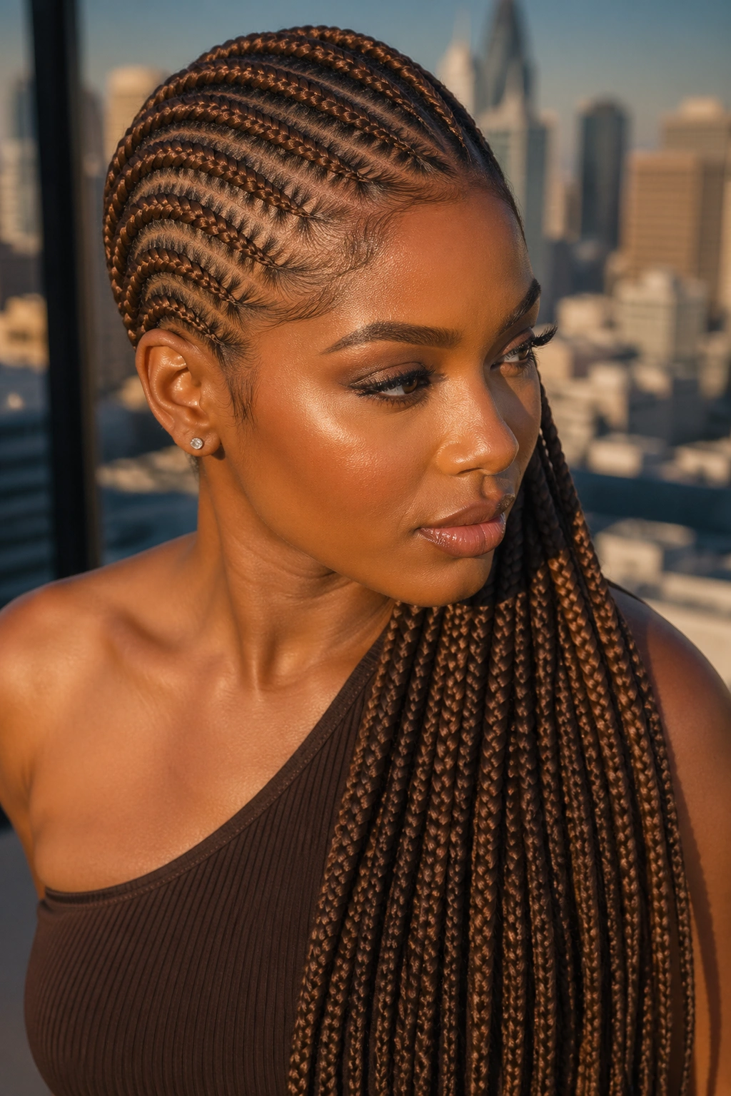 Real person with diagonal mocha brown asymmetric stitch cornrows, portrait in urban setting