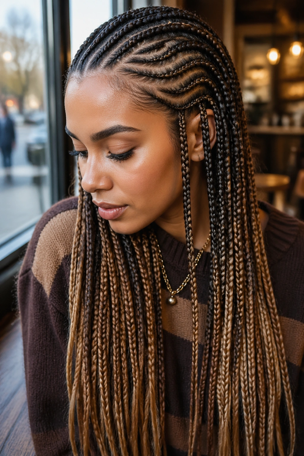 Close-up of real person with mocha to caramel ombre and espresso streaks in cornrows