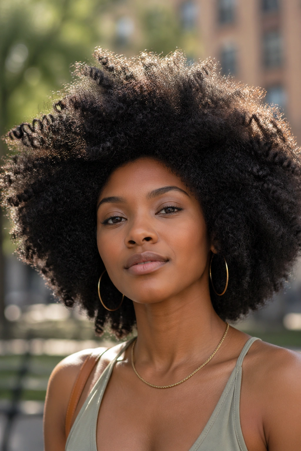 Portrait of a person with a modern, varied afro in natural daylight