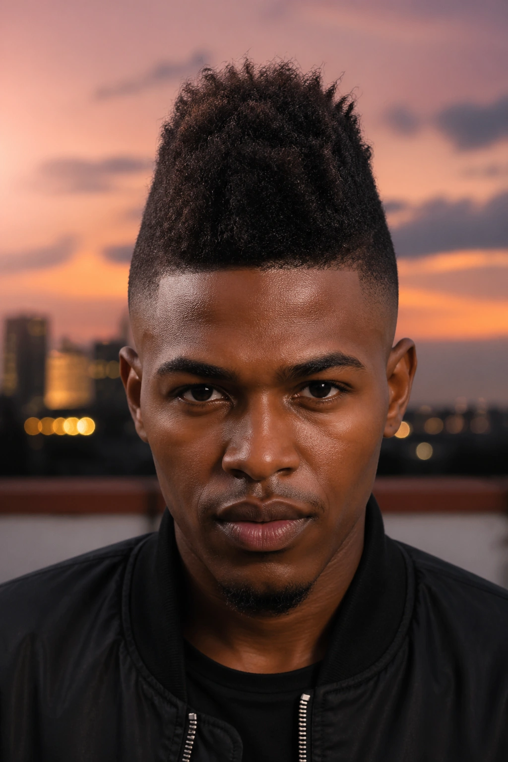 Portrait of a person with a central mohawk afro and faded sides