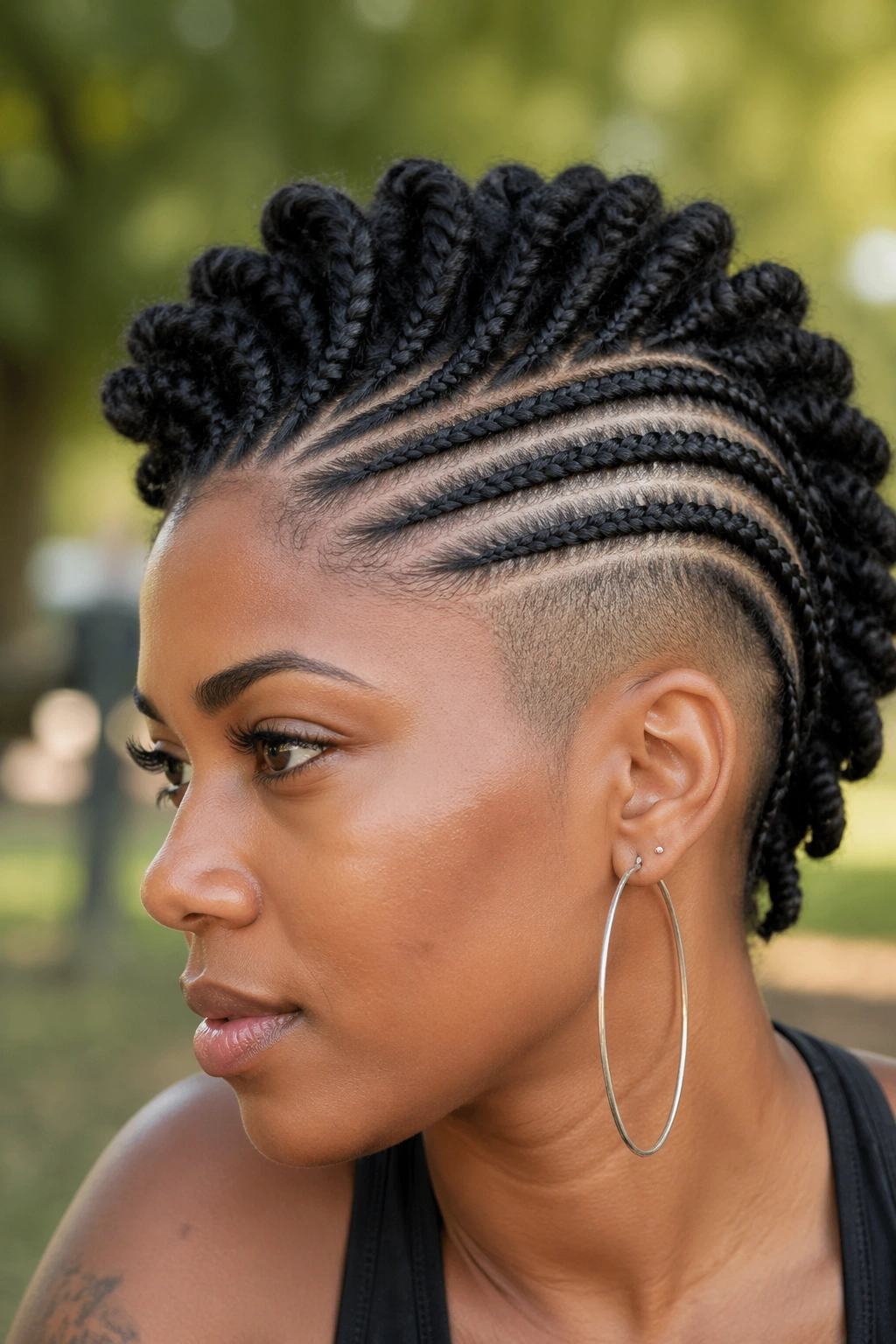 Close-up of Mohawk cornrows on a real person