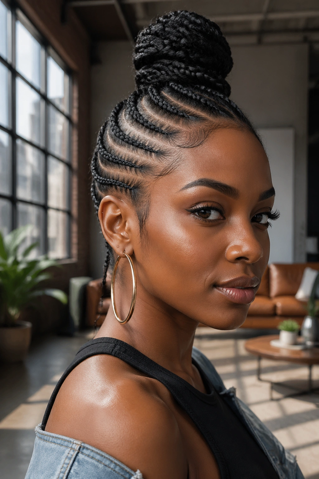 Mohawk cornrows with top knot on a real woman's head