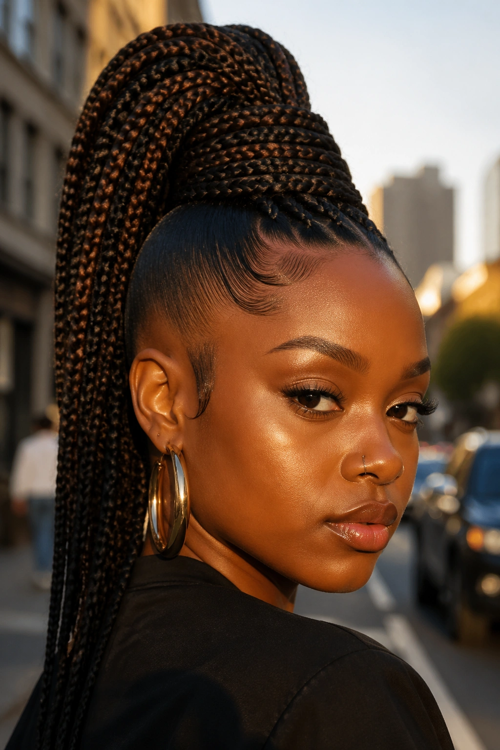 Portrait of a woman with a Mohawk-style high ponytail and slicked sides.
