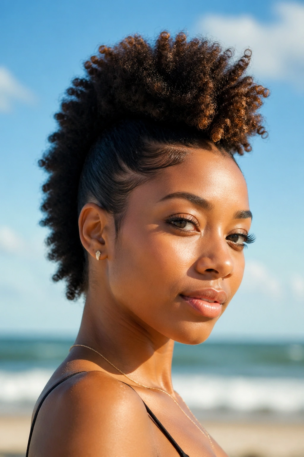 Close-up of mohawk puff hairstyle at the beach