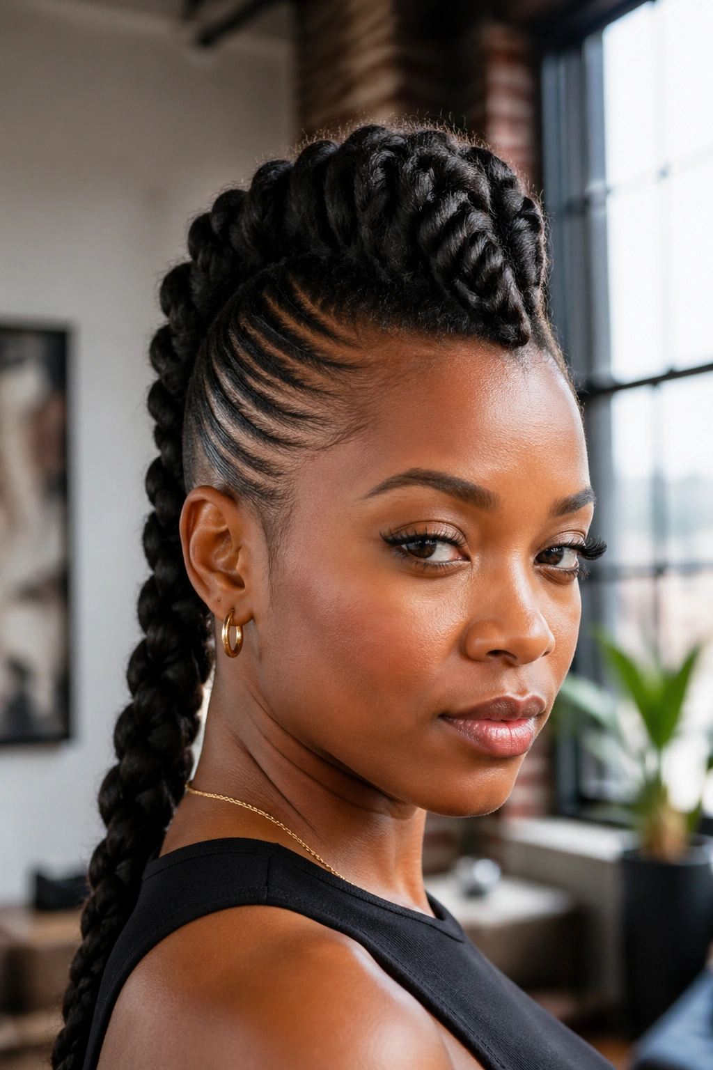 Close-up of a real woman with a mohawk-inspired twist ponytail showing a high center ridge and sleek sides.