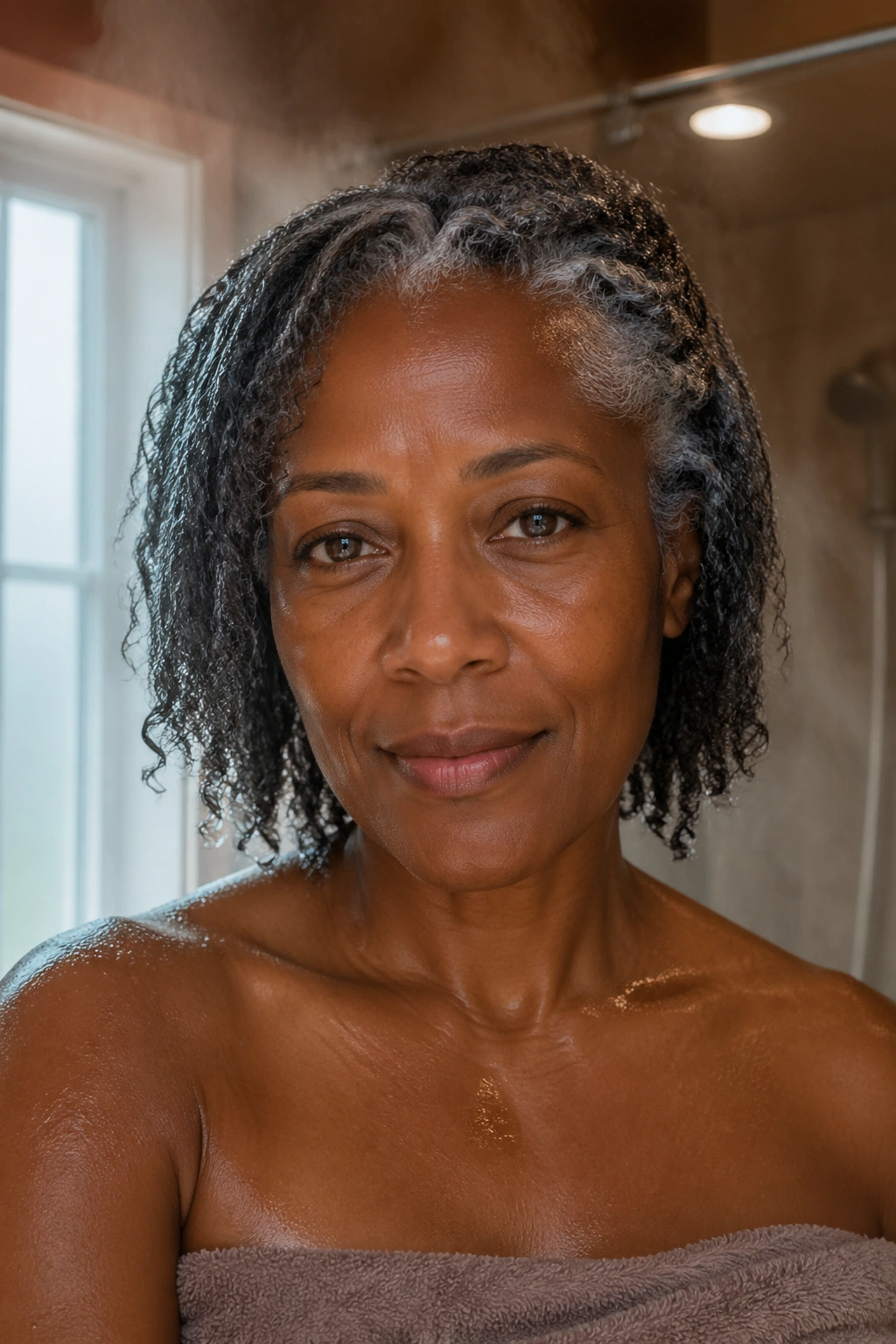 Close-up of a woman’s damp, glossy hair after conditioning